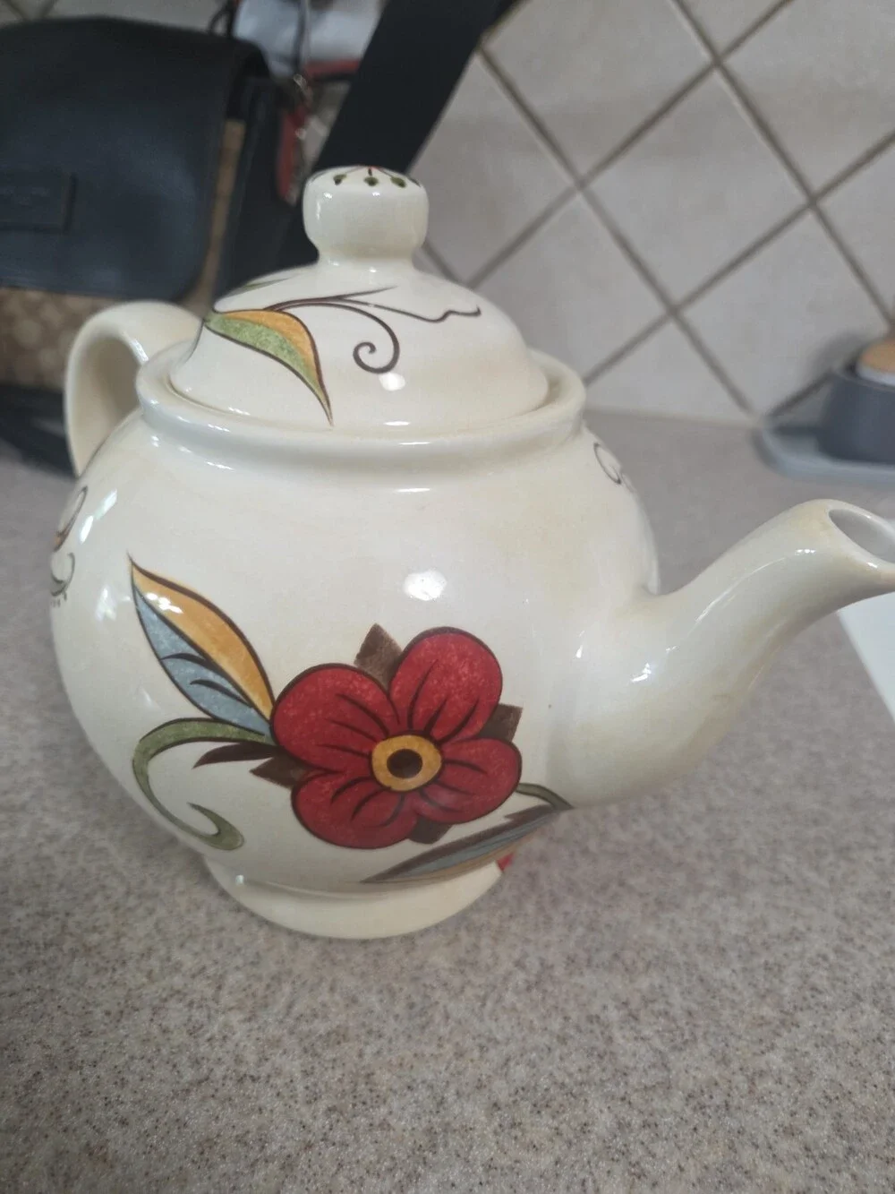 Pier 1 Imports Ceramic Teapot Floral Red Yellow Green Used